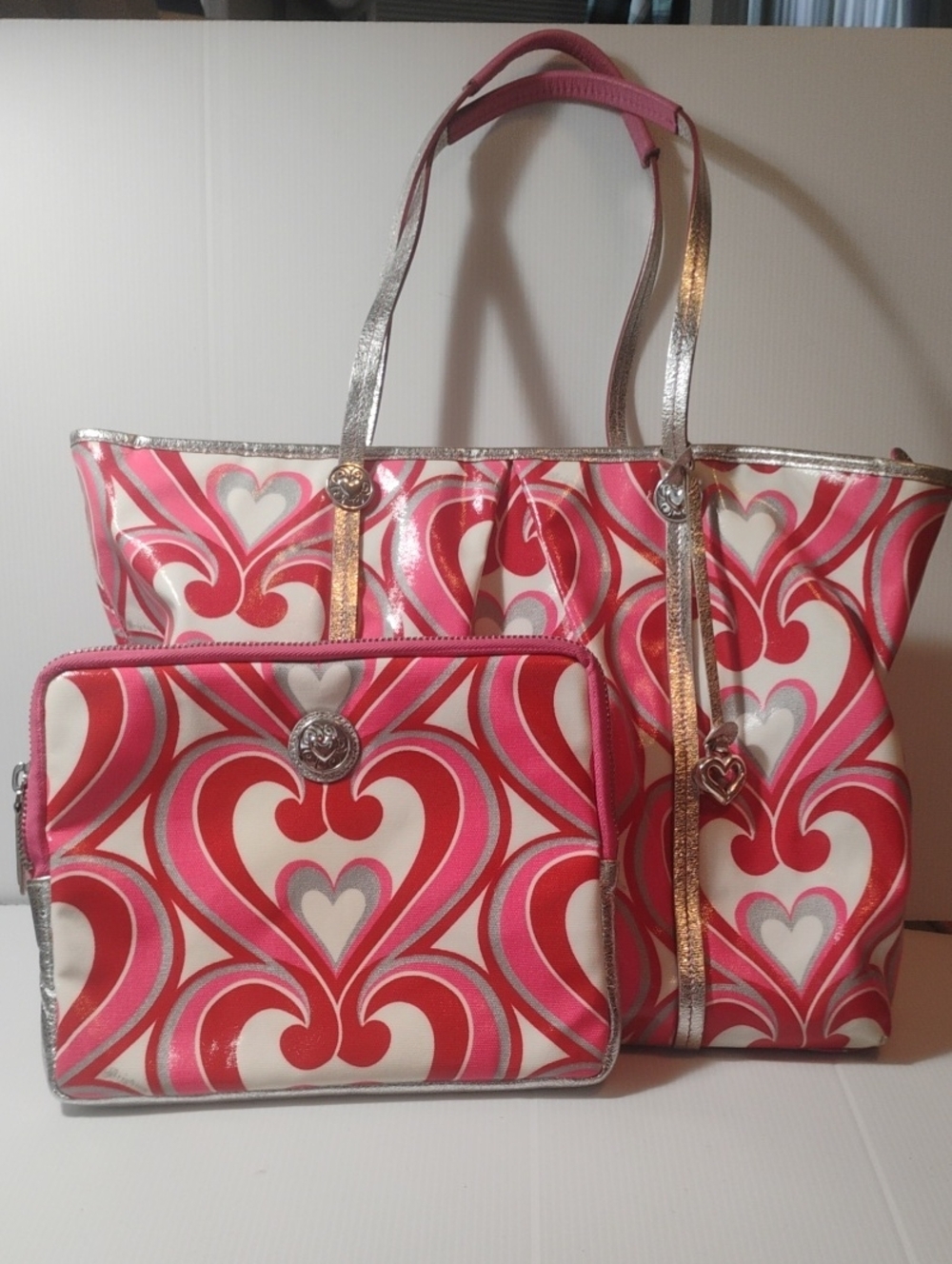 Brighton Pink Red Heart-Print Tote with Wristlet